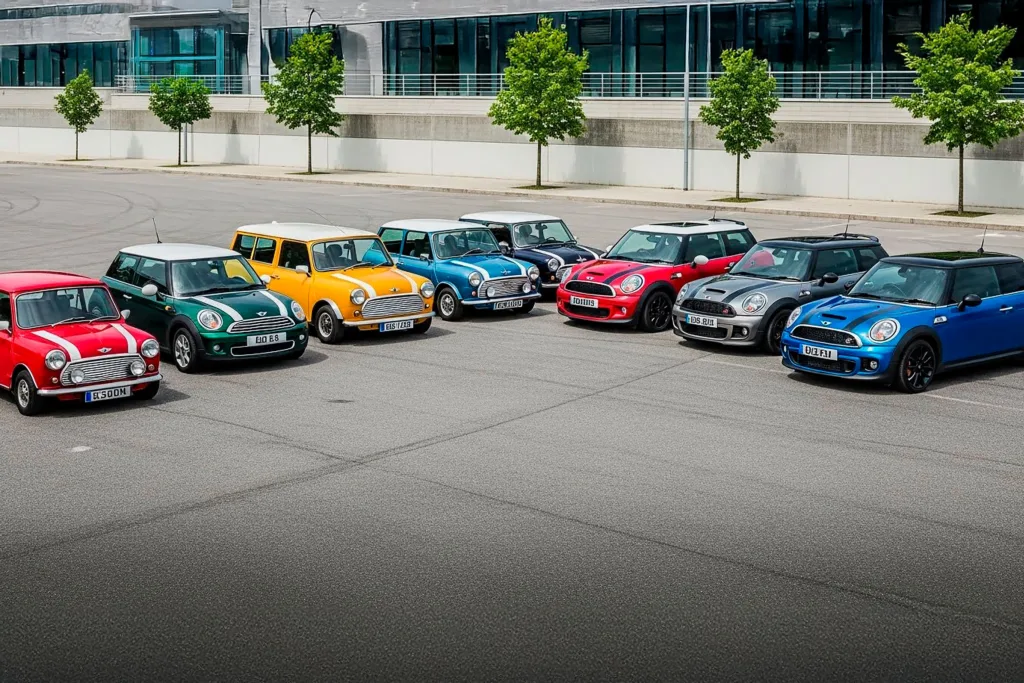 Many MINI cars on one photo. from first old model till last
