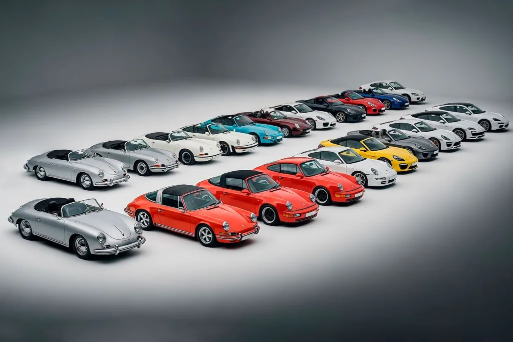 Porsche cars, from origin  model  to last, on one photo