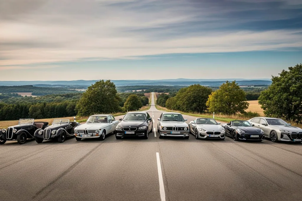 Many BMW cars on one photo. from first old model till last